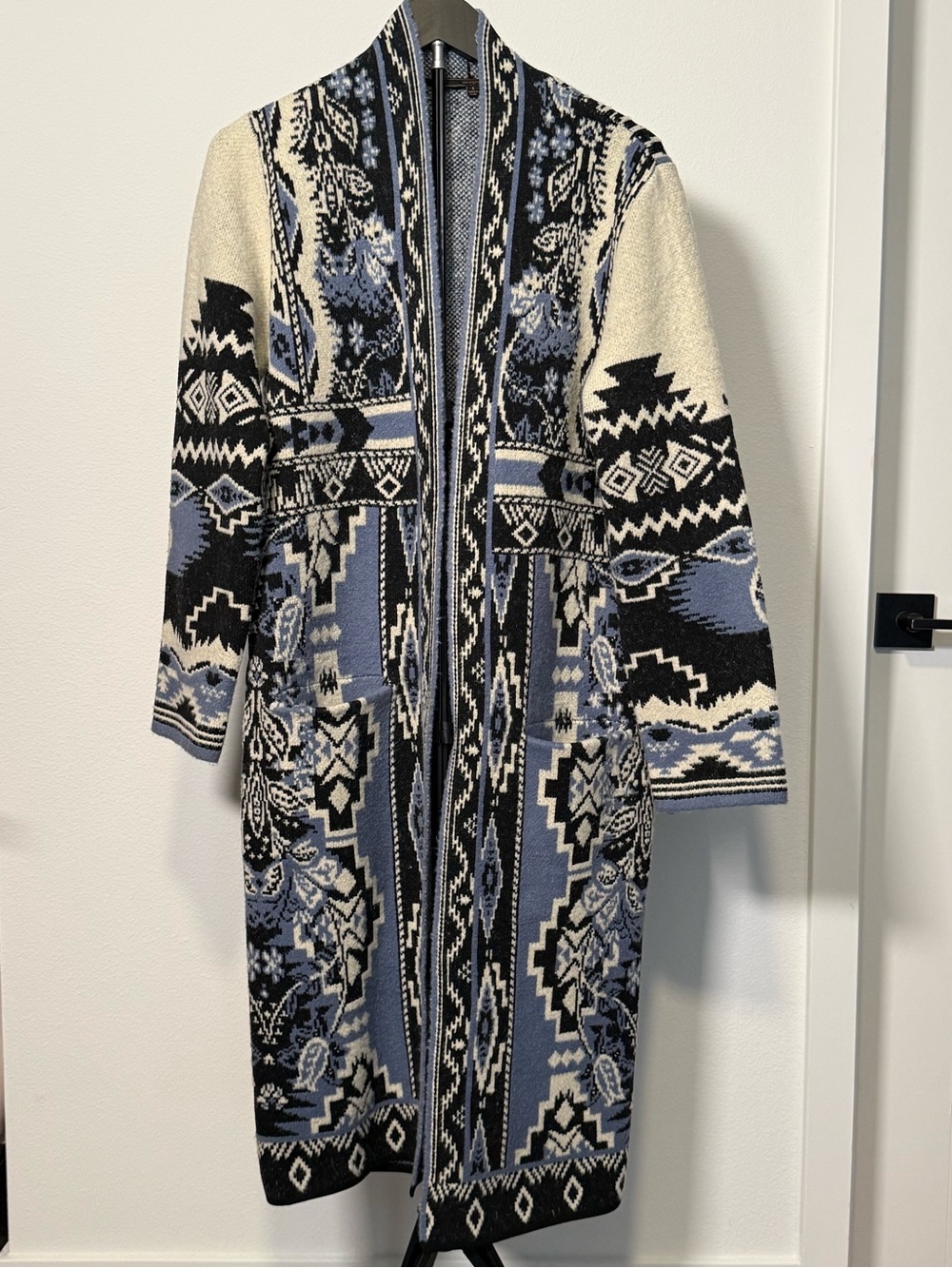 MaxSport Knitted Cardigan in Black, Cream & Dusty Blue